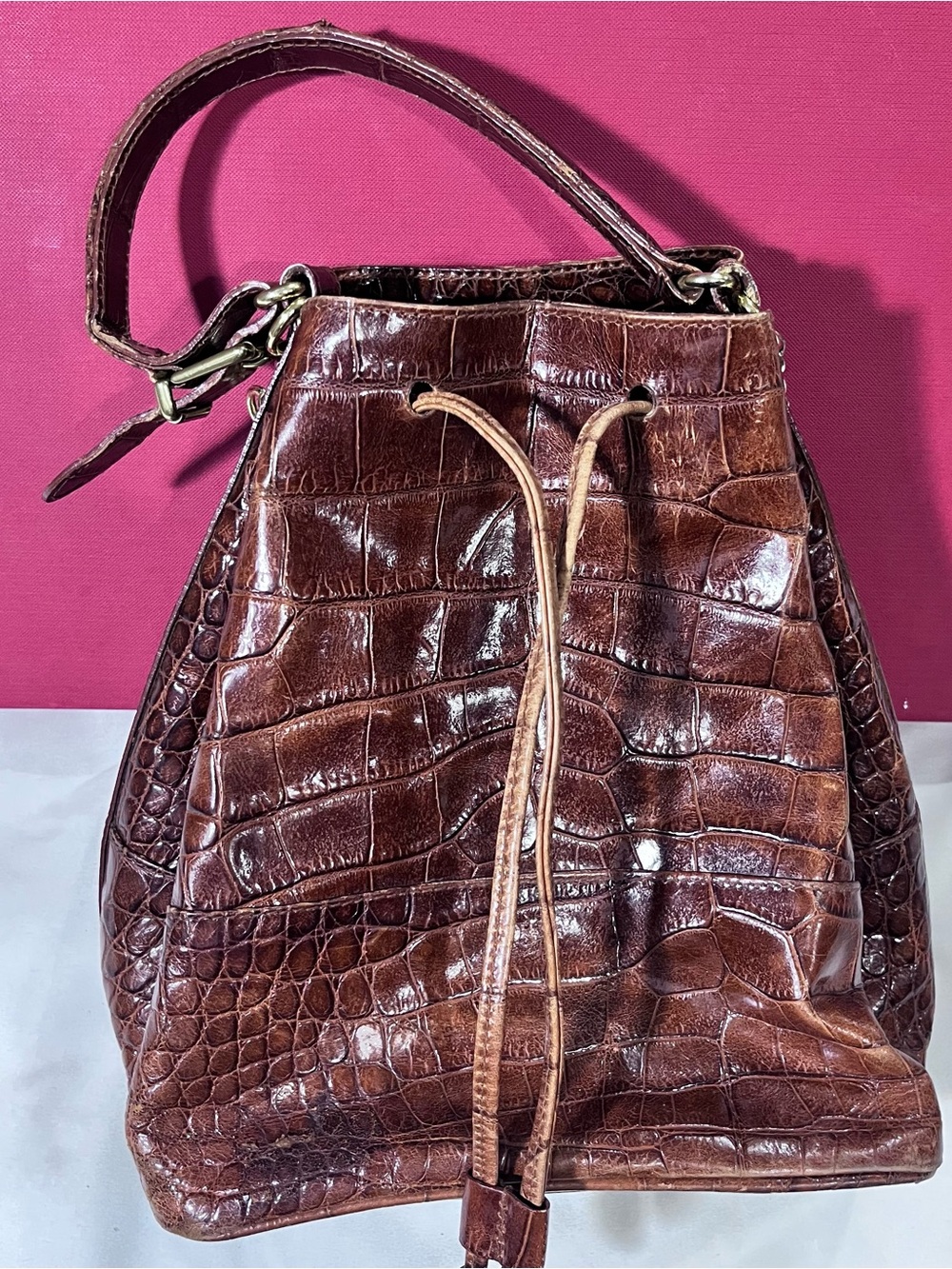 Furla Croc Embossed Brown Leather  Bucket Bag Shoulder Handbag Vintage FLAW Desc